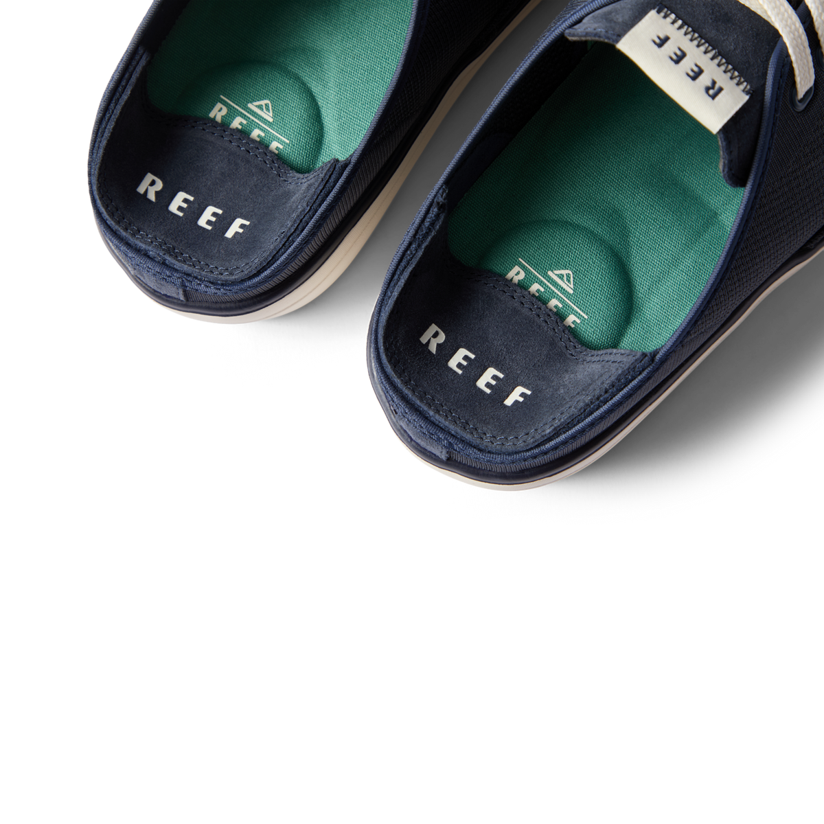 Close-up of the top front and insole of navy Neptune Lido men’s shoes facing forward with anatomical arch support.