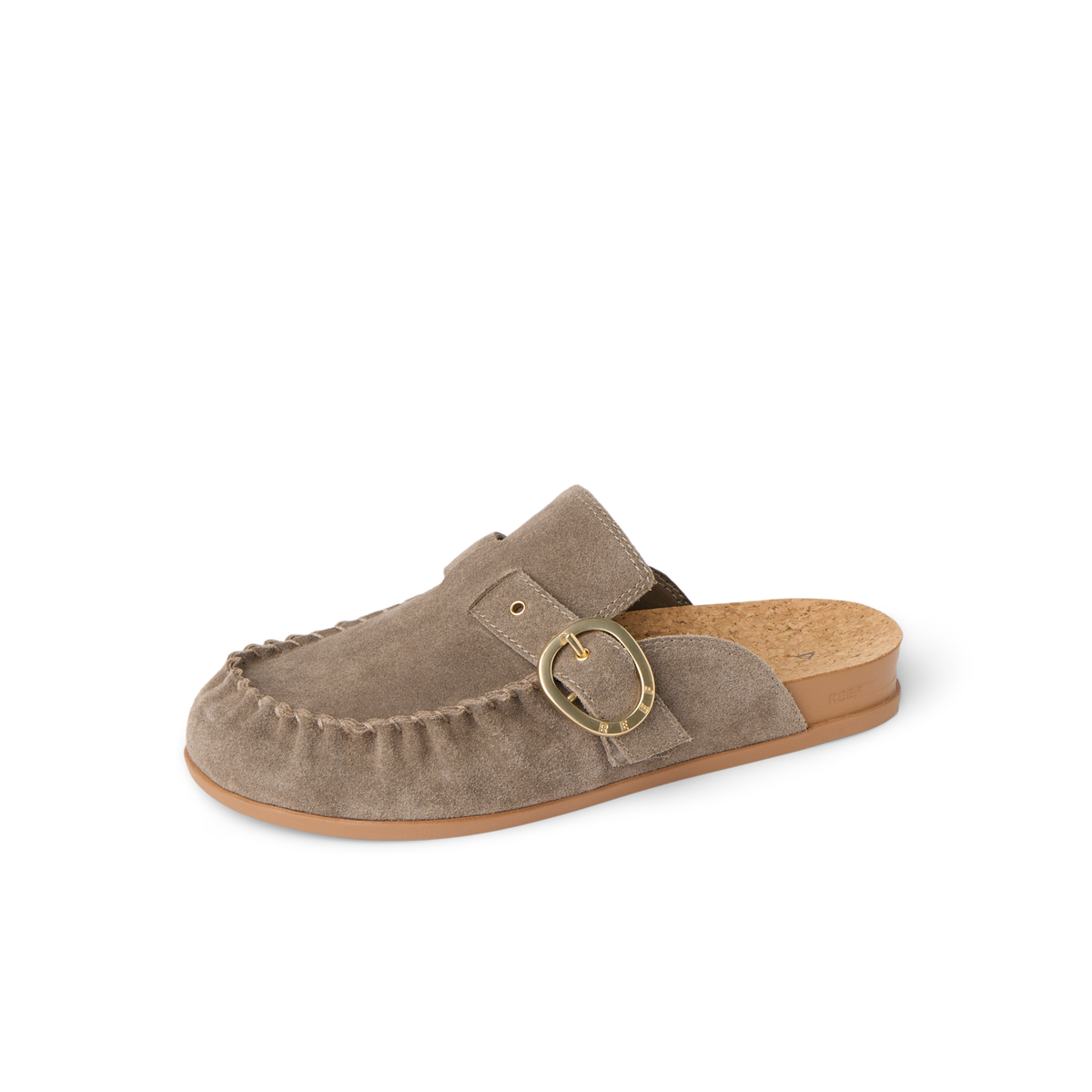Vista Siena facing left, women's driftwood suede slip-on clog with gold buckle, cushioned cork footbed, and arch support