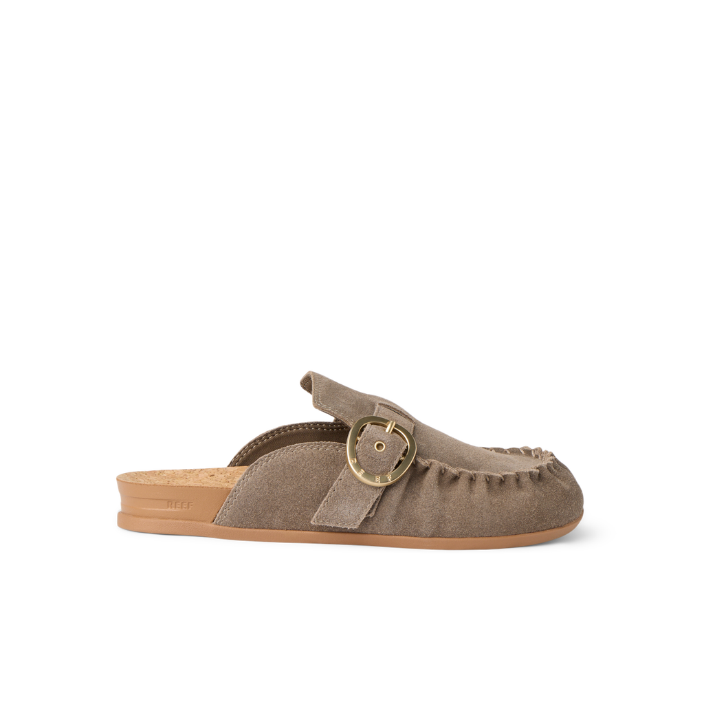 Vista Siena facing right, women's driftwood suede slip-on clog with buckle, cushioned cork footbed, and anatomical arch support