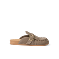 Vista Siena facing right, women's driftwood suede slip-on clog with buckle, cushioned cork footbed, and anatomical arch support