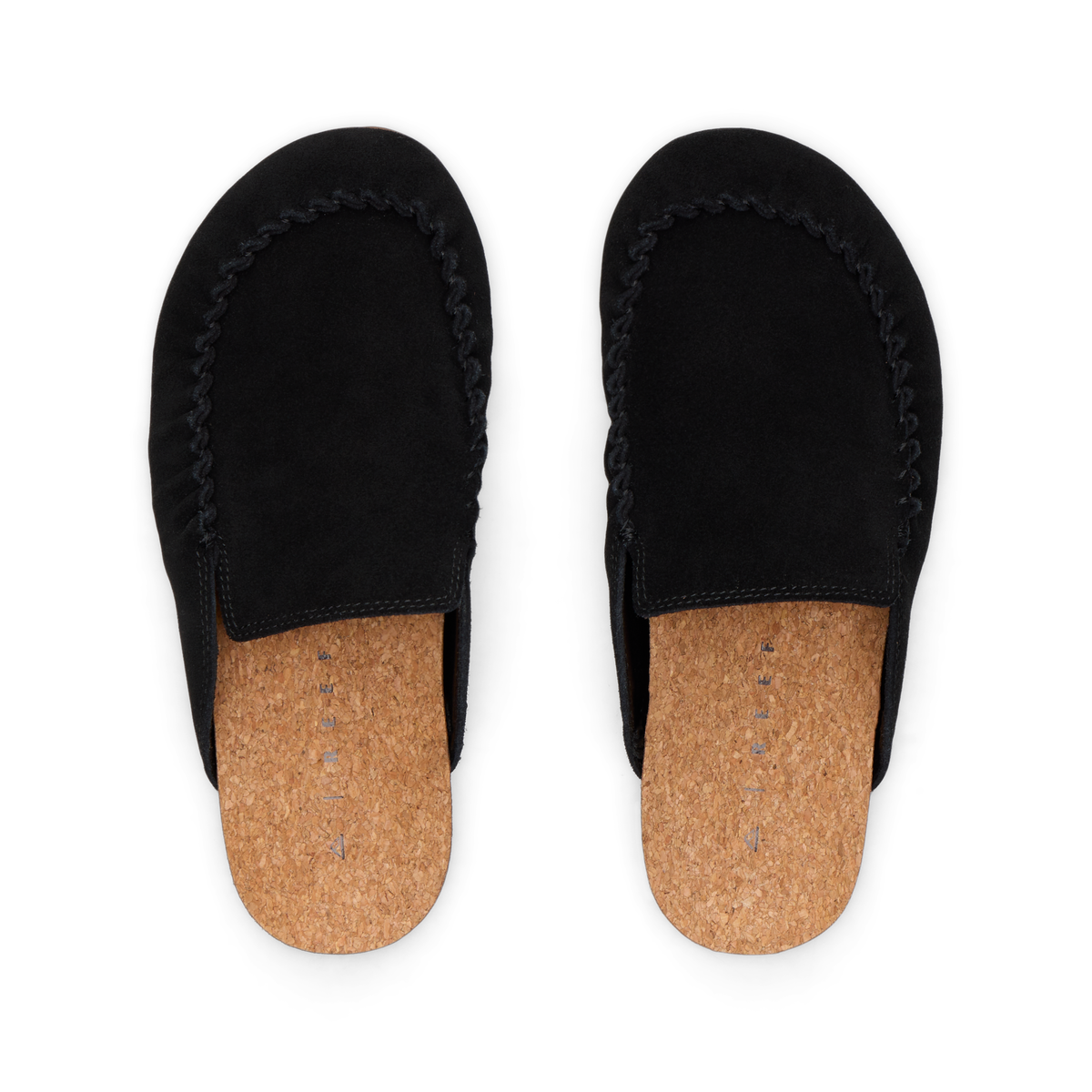 Top view of black Vista Myra slip-on clogs with suede upper and cork footbed, designed for comfort and easy wear.
