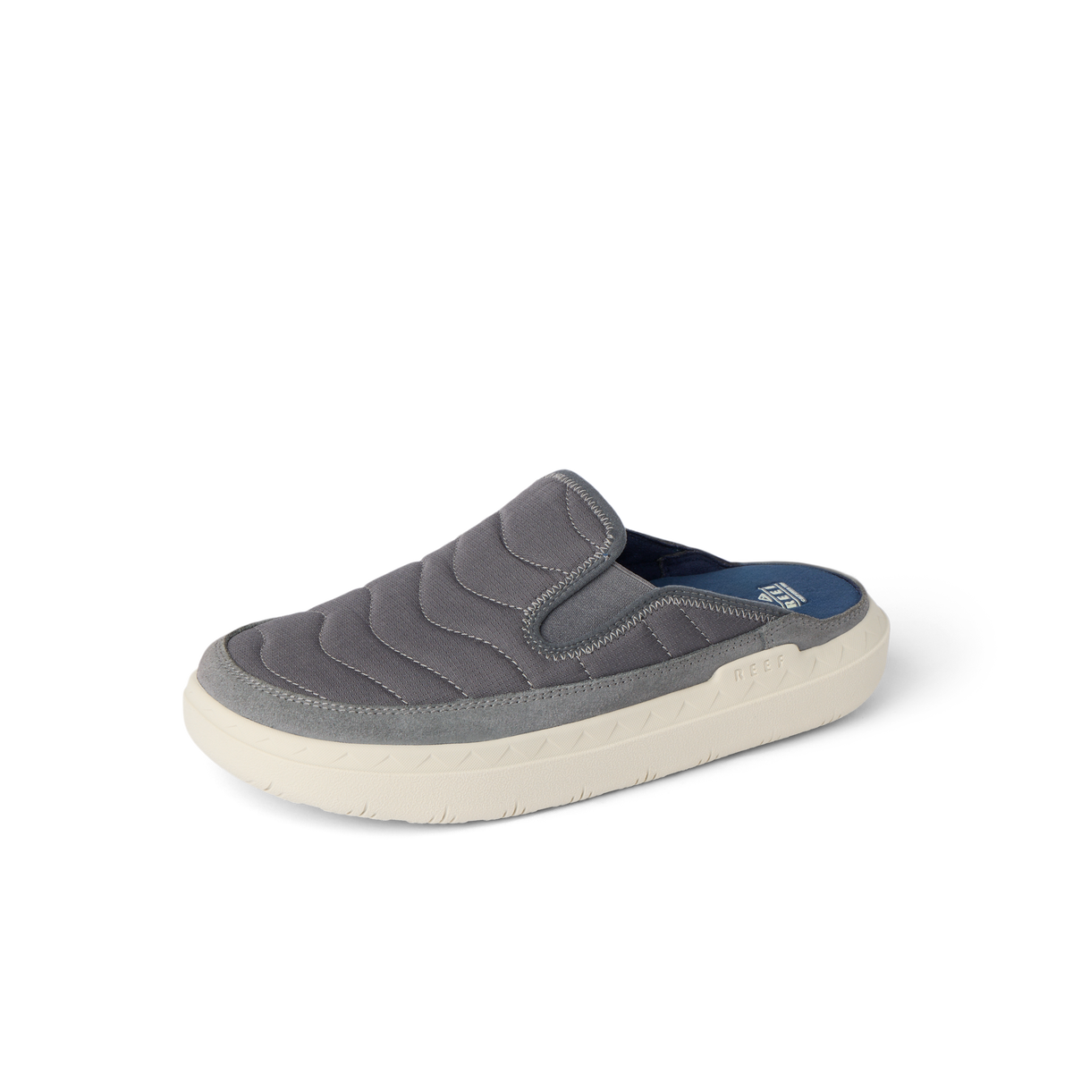 Rambler Kicker mule facing right with grey cushioned upper, memory foam footbed, and durable white EVA outsole for comfort