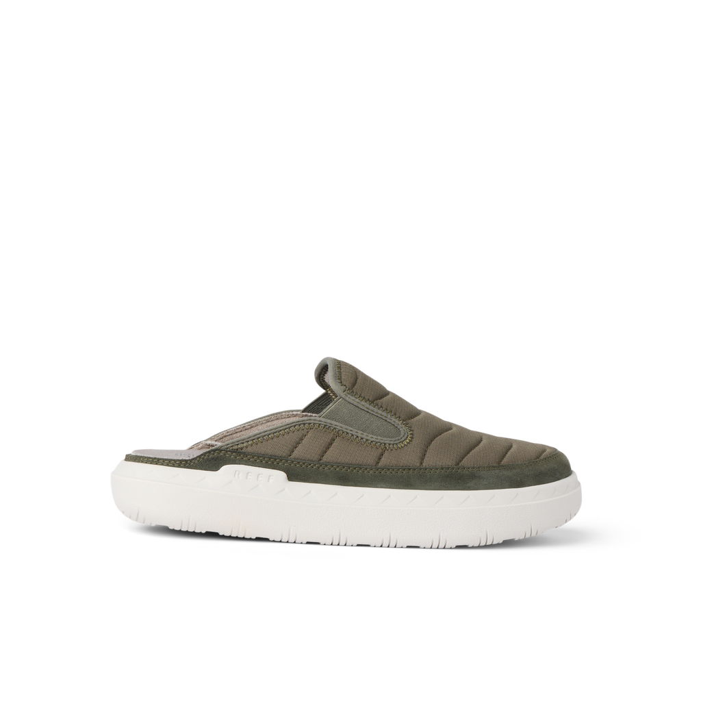 Rambler Kicker mule facing right in olive with cushioned memory foam footbed and lightweight EVA outsole for all-day comfort