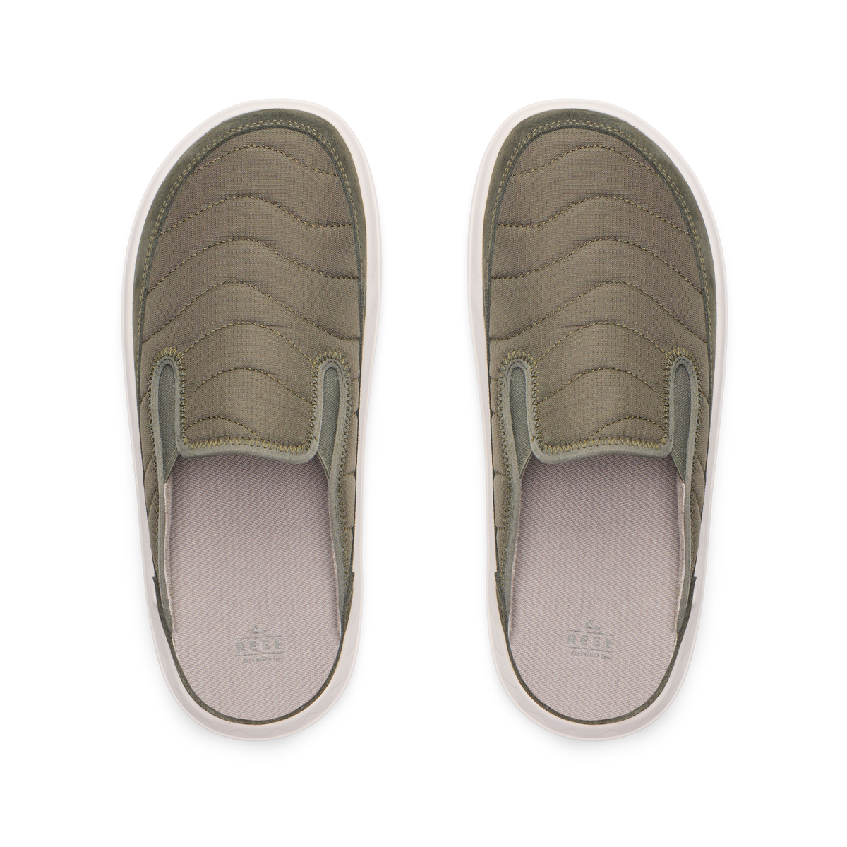Rambler Kicker top view in olive with quilted upper, cushioned memory foam footbed, and lightweight EVA sole for all-day comfort