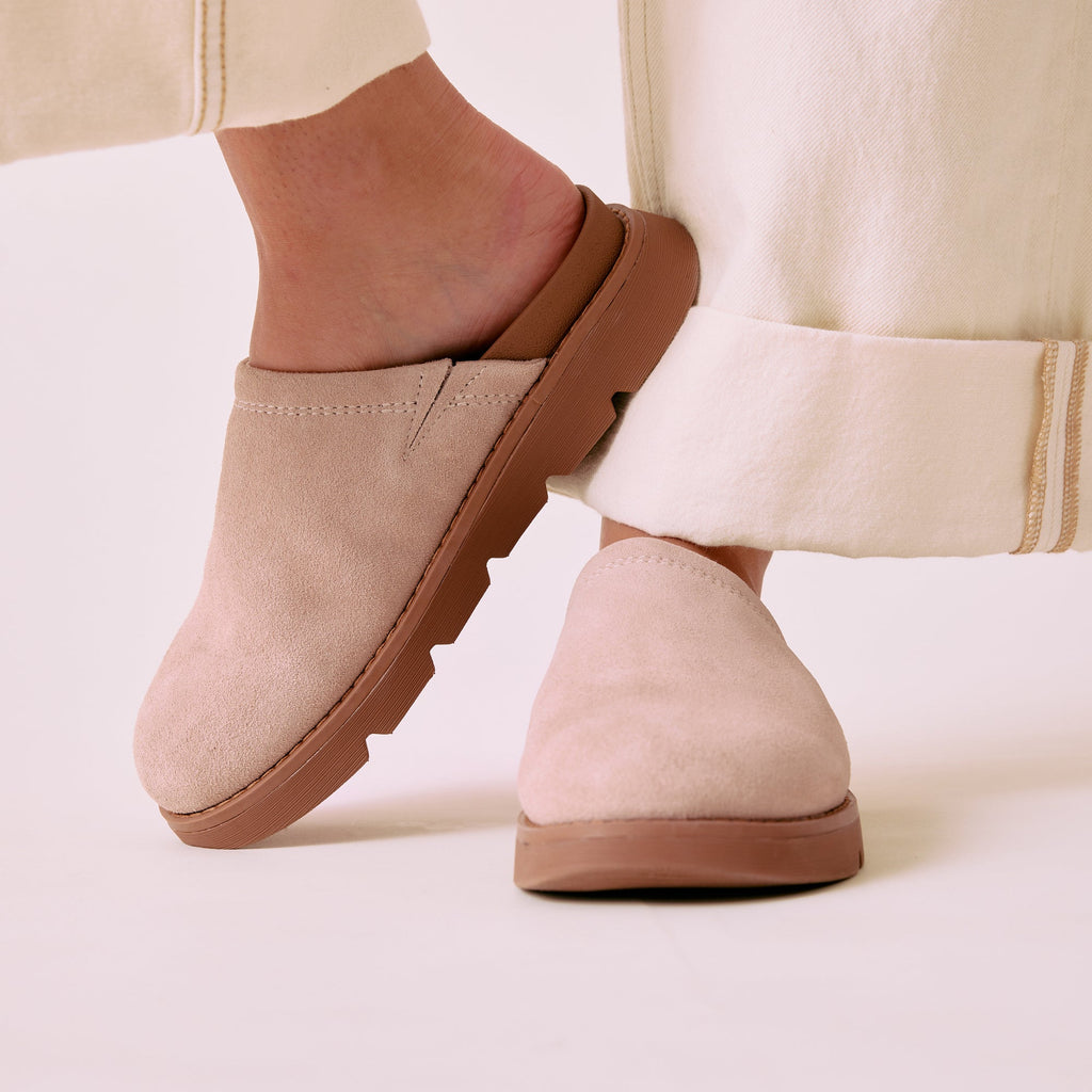 Vista Luxe Mariana women's light taupe suede clog facing forward, closed toe with cushioned footbed and arch support for comfort