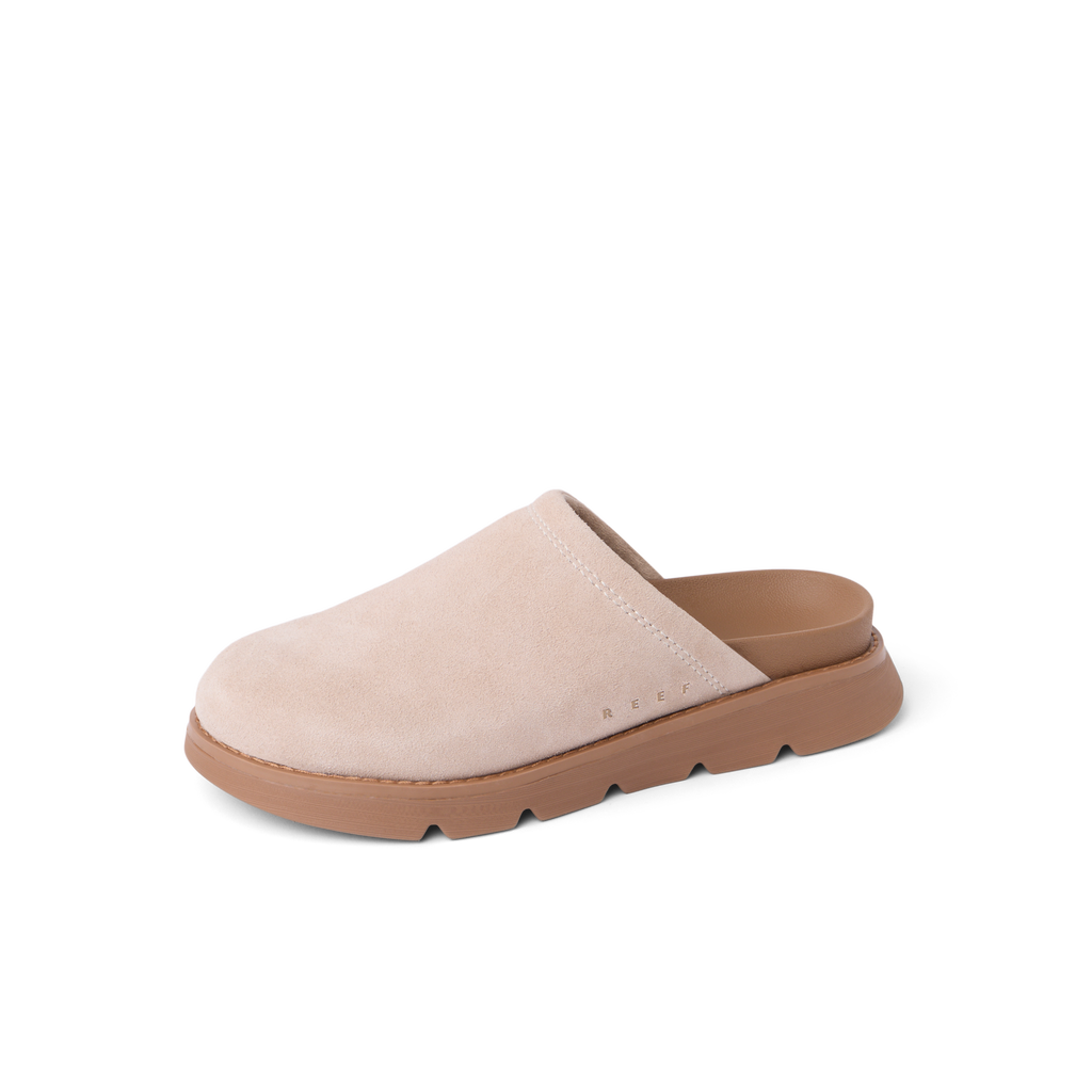Vista Luxe Mariana facing right, women's light taupe suede clog with closed back, cushioned footbed, and arch support for all-day comfort