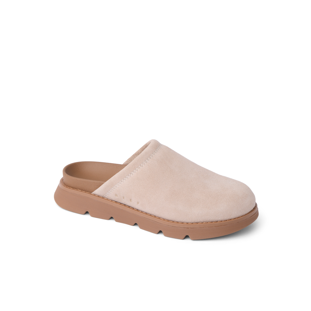 Vista Luxe Mariana facing left, women's light taupe suede clog with closed toe and cushioned arch support for all-day comfort