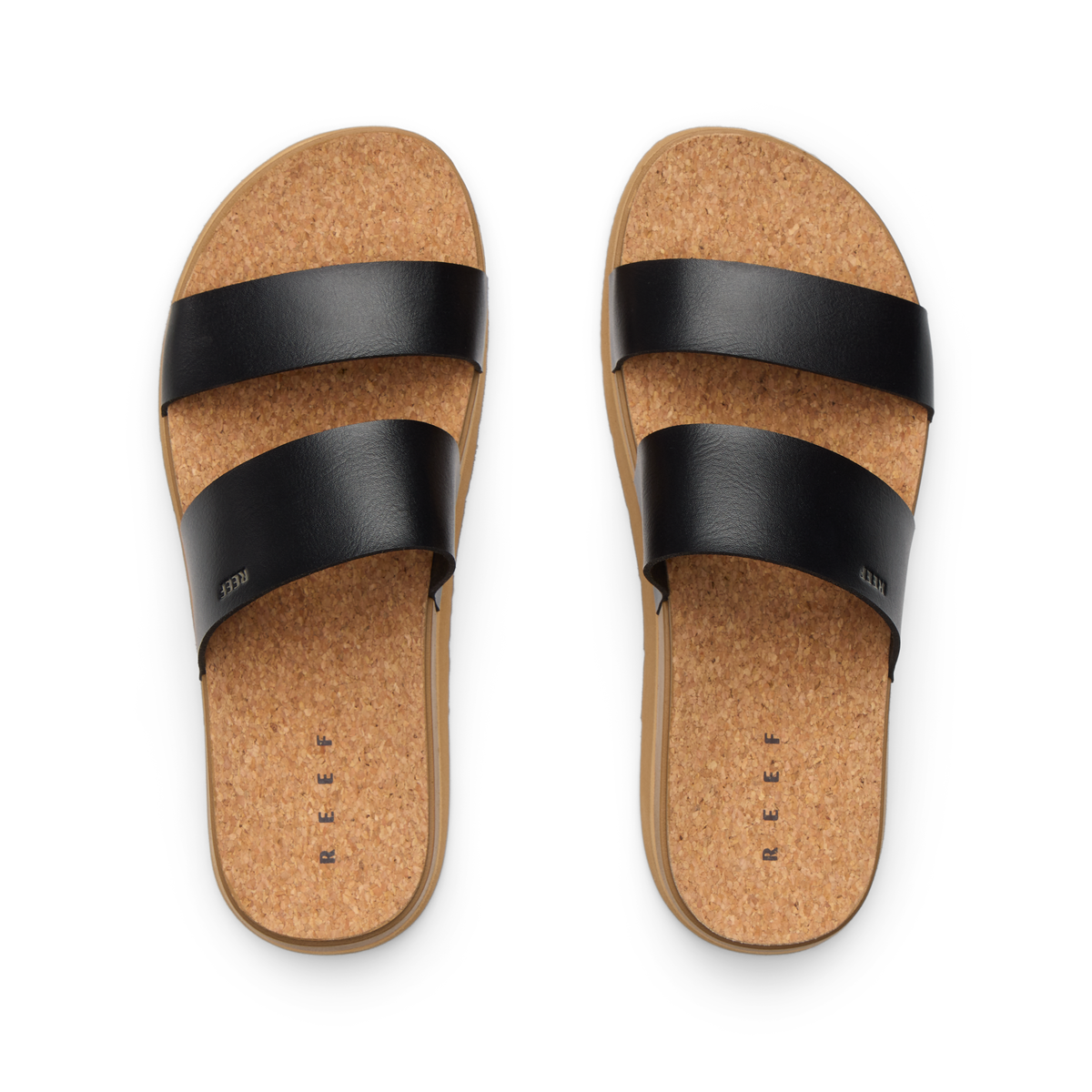 Vista Hi 2 sandals top view with black vegan straps, cushioned cork footbed, and molded arch support for all-day comfort