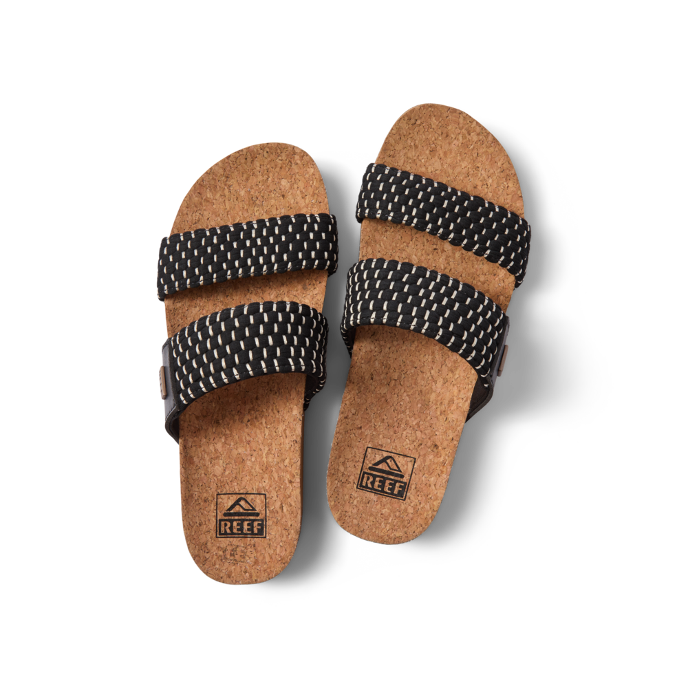 Top view of Cushion Vista women's sandals facing up with cushioned cork footbed and black textile straps for beach comfort.