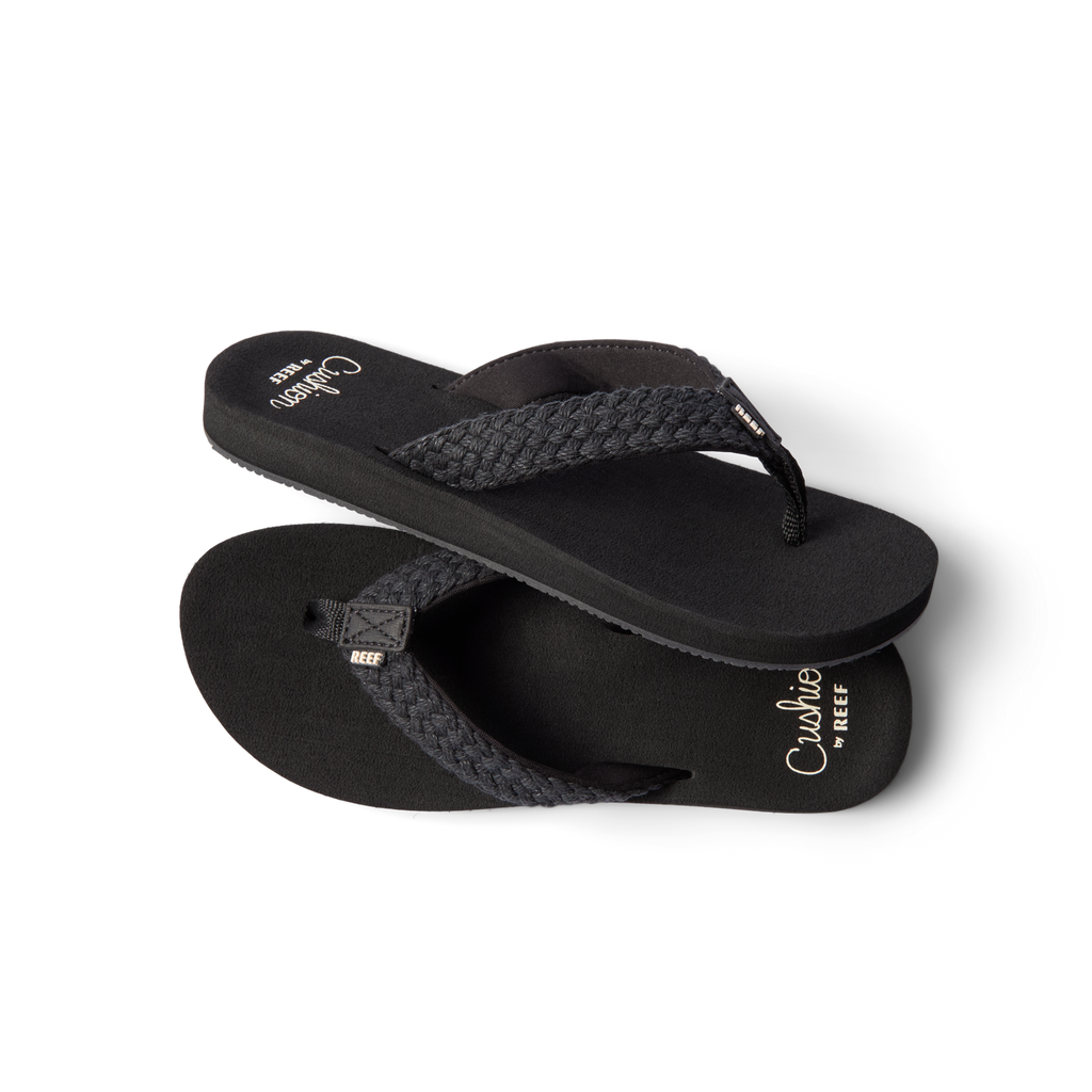 Baja Maria women's black braided sandals facing right, close-up of top and side, swim-friendly comfort with arch support.