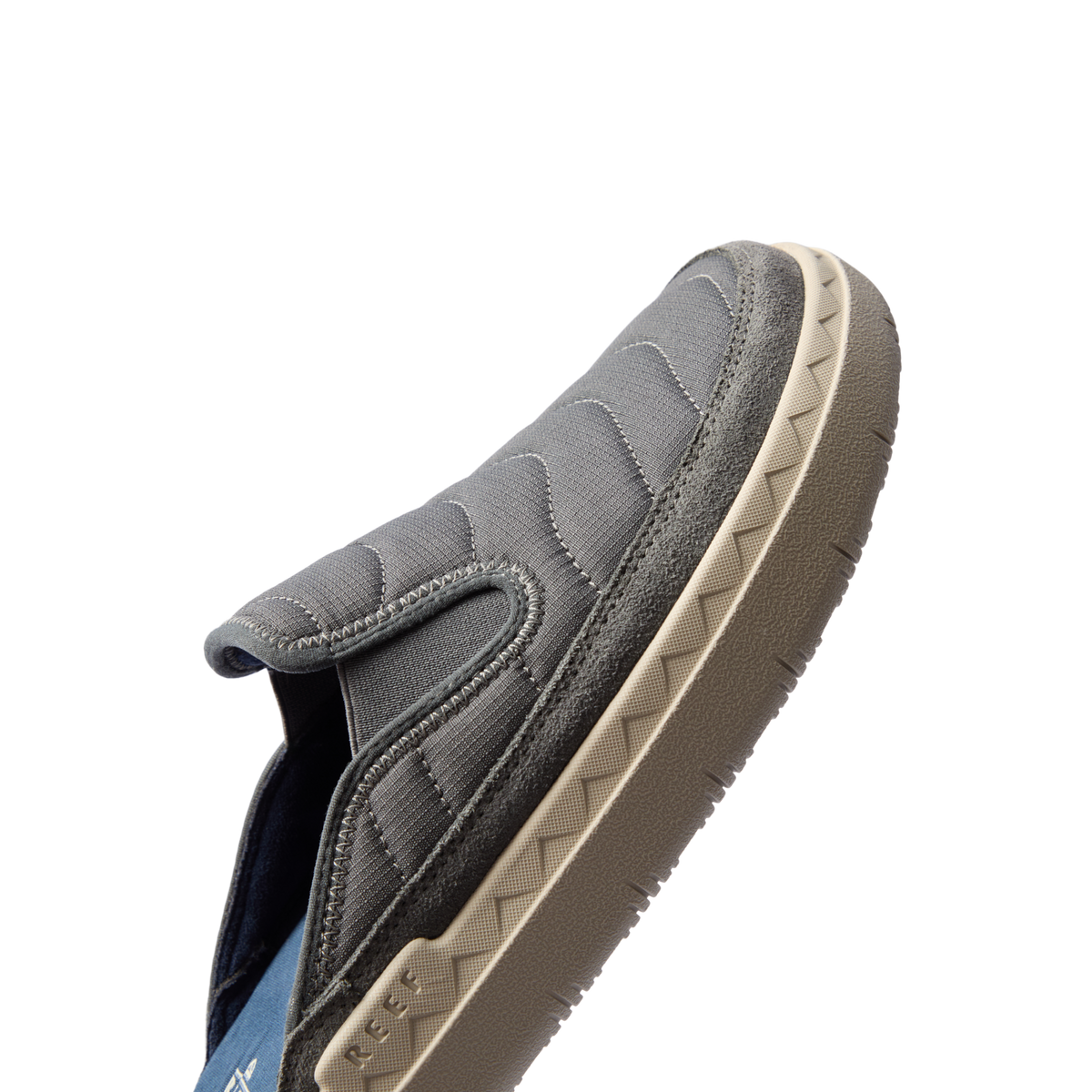 Rambler Kicker mule facing right with grey soft upper, cushioned memory foam footbed, and lightweight EVA sole for all-day comfort