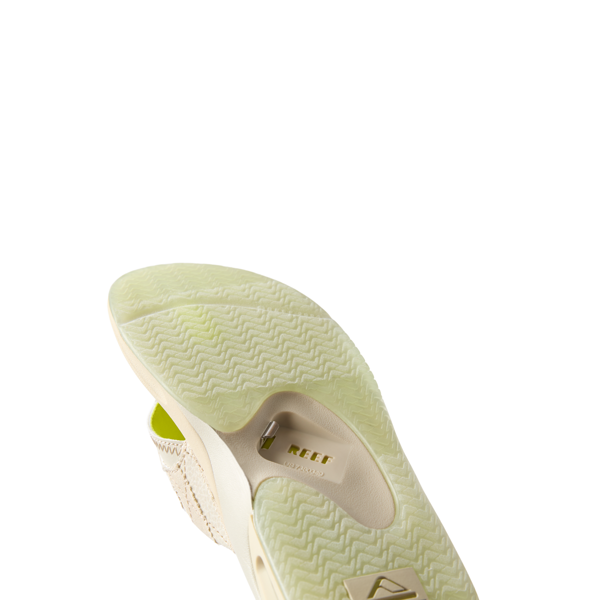 Fanning men's shoe showing the outsole facing forward, highlighting durable, water-friendly sole with anatomical arch support.