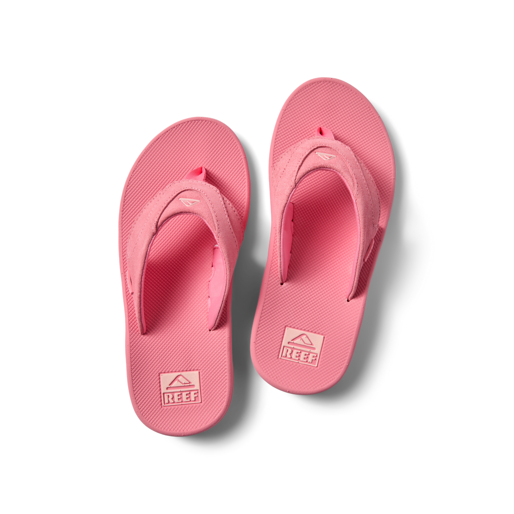 Fanning pink suede sandals top view showing straps and footbeds facing upward, designed for women’s beach comfort.