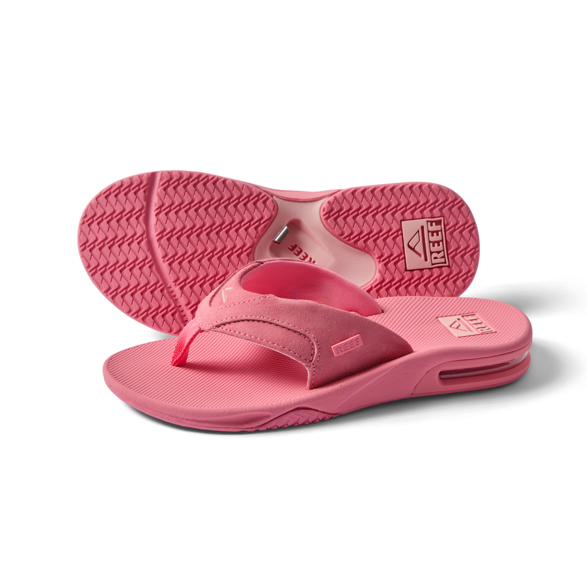 Fanning women's strawberry suede sandal showing top and bottom, beach-inspired comfort with arch support and soft cushioning.