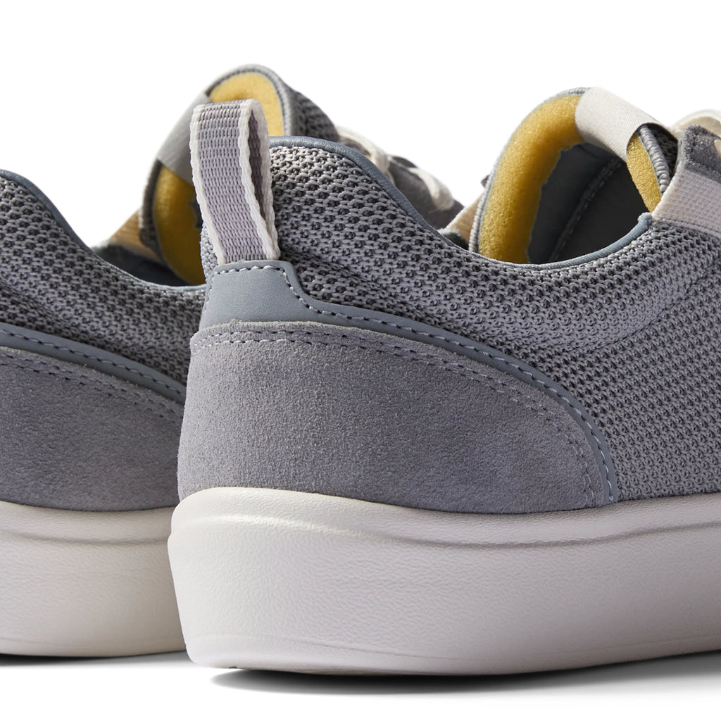 Close-up rear view of gray Triton men's footwear with cushioned heel and breathable mesh, designed for beach comfort.
