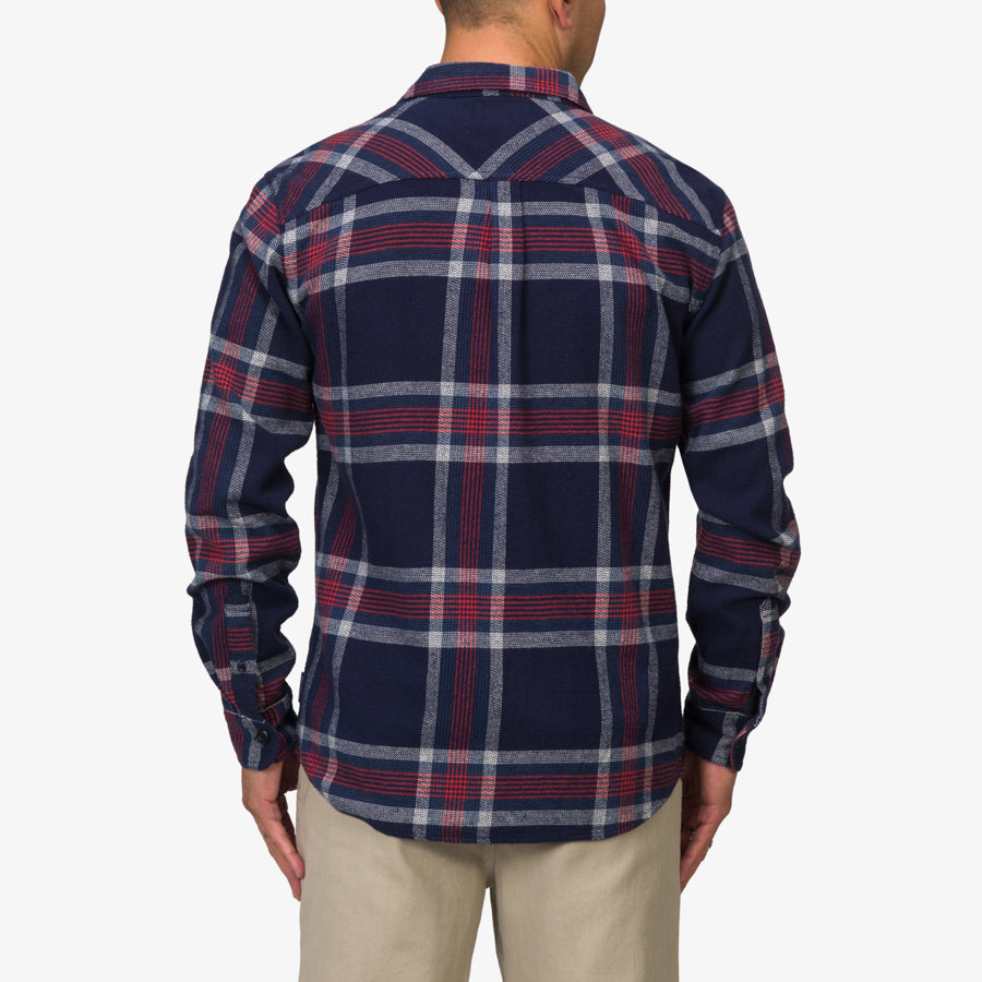 Man wearing Houston Flannel Shirt in navy with red and gray plaid, back view, long sleeves, casual fit for everyday comfort