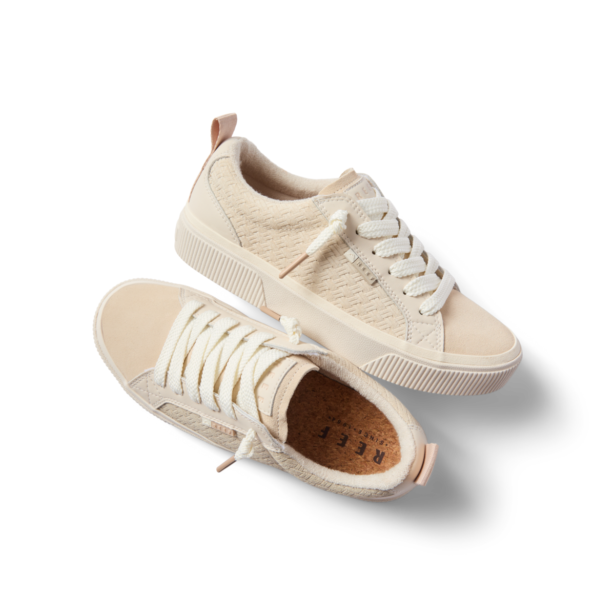 Lay Day Dawn women's beige sneakers top and side view, surf-inspired comfort with arch support and cushioning.