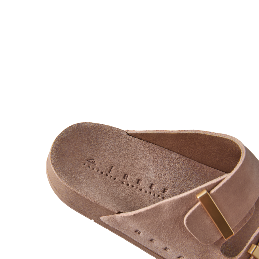Close-up of the left Ojai Two Bar sandal in warm taupe facing left, showing cushioned footbed and comfort design.