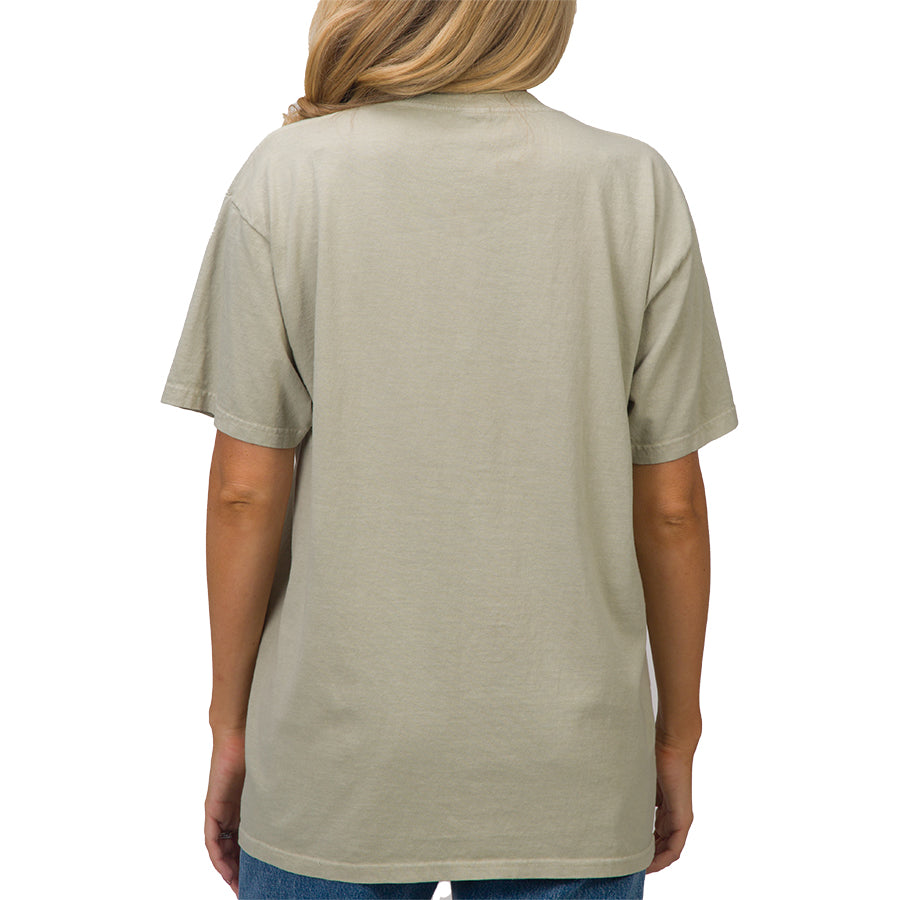 Woman wearing On My Mind Boyfriend Tee in desert sage, back view, relaxed fit showcasing comfortable casual apparel.