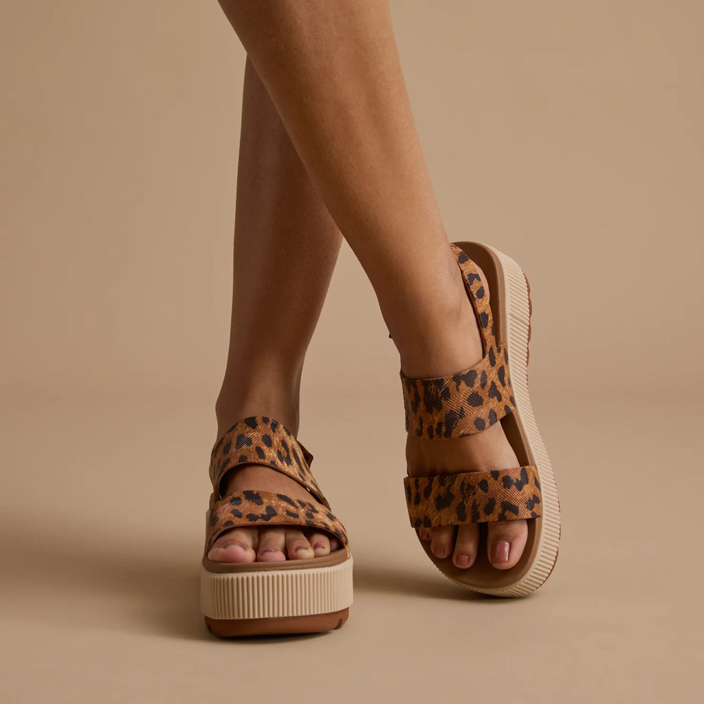 Front and side view of Water Vista Higher leopard print sandals for women, featuring cushioned platform soles and arch support.