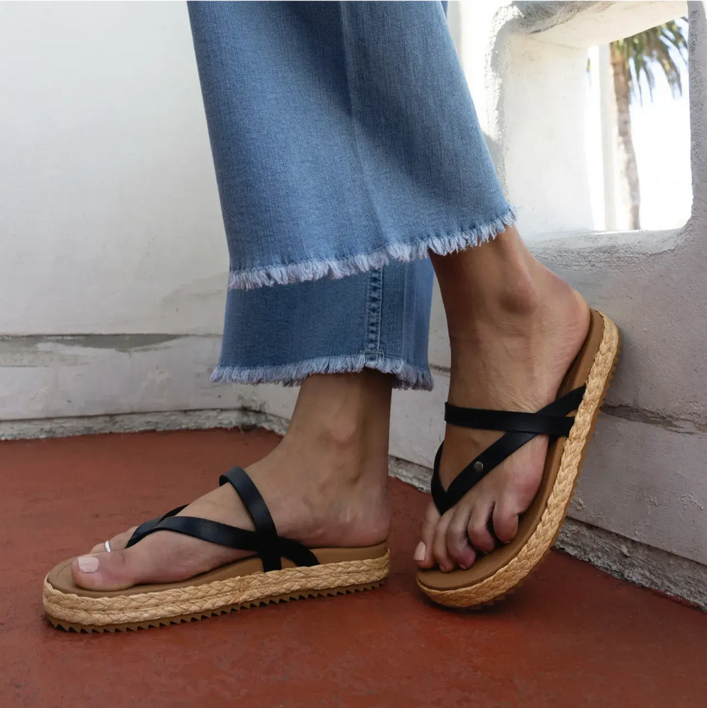 Vista Carmen women's sandals facing right showing the top and side with black straps, cushioned sole, beach-inspired design.