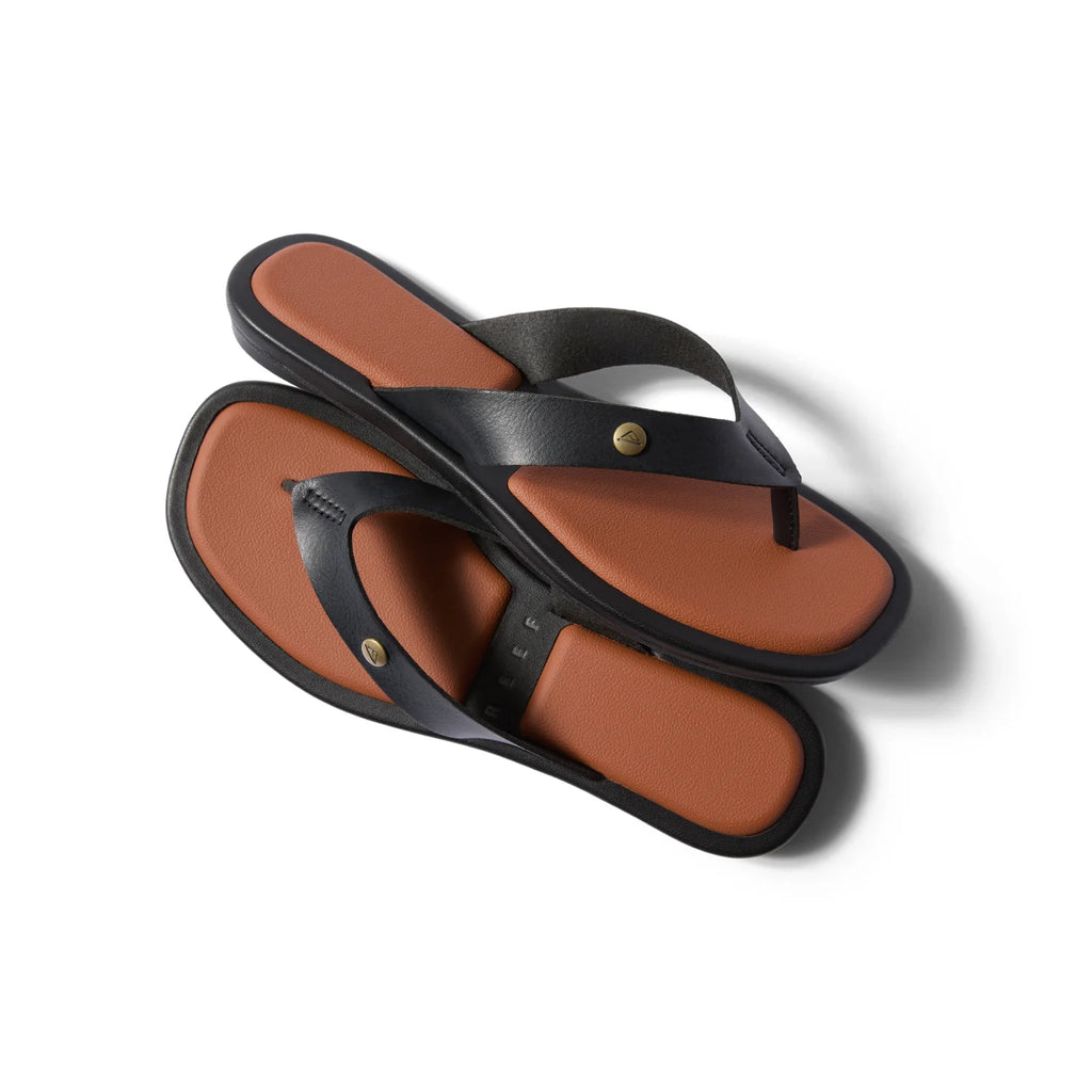 Willow Ella women's black sandals top view showing toe post and soft-rebound cushioned footbed facing left