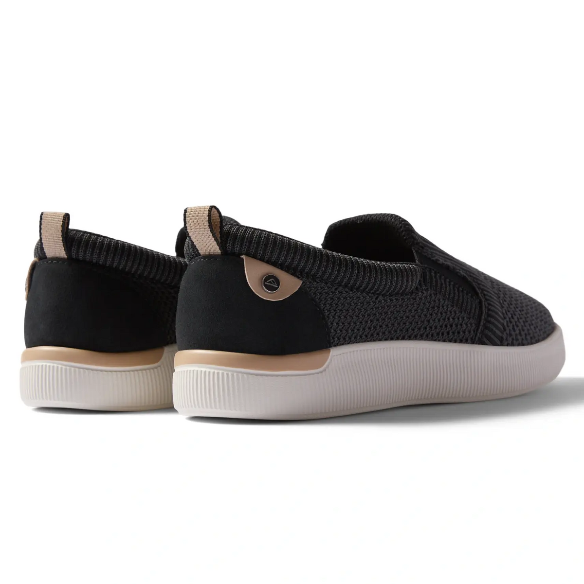 Neptune Elyse women's black slip-on sneakers facing left, rear and side view, lightweight comfort shoes.