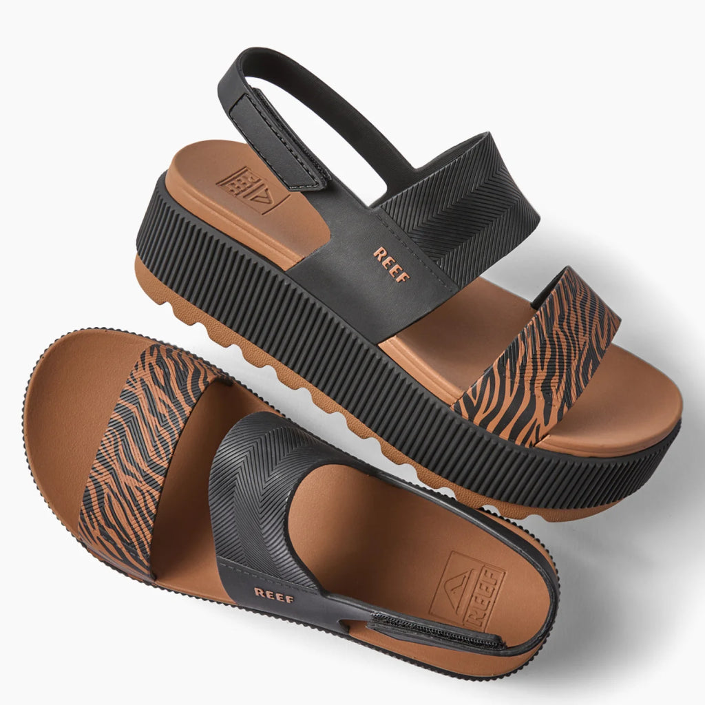 Water Vista Higher women's sandals facing right with tiger print straps, padded footbed, and lightweight platform sole.