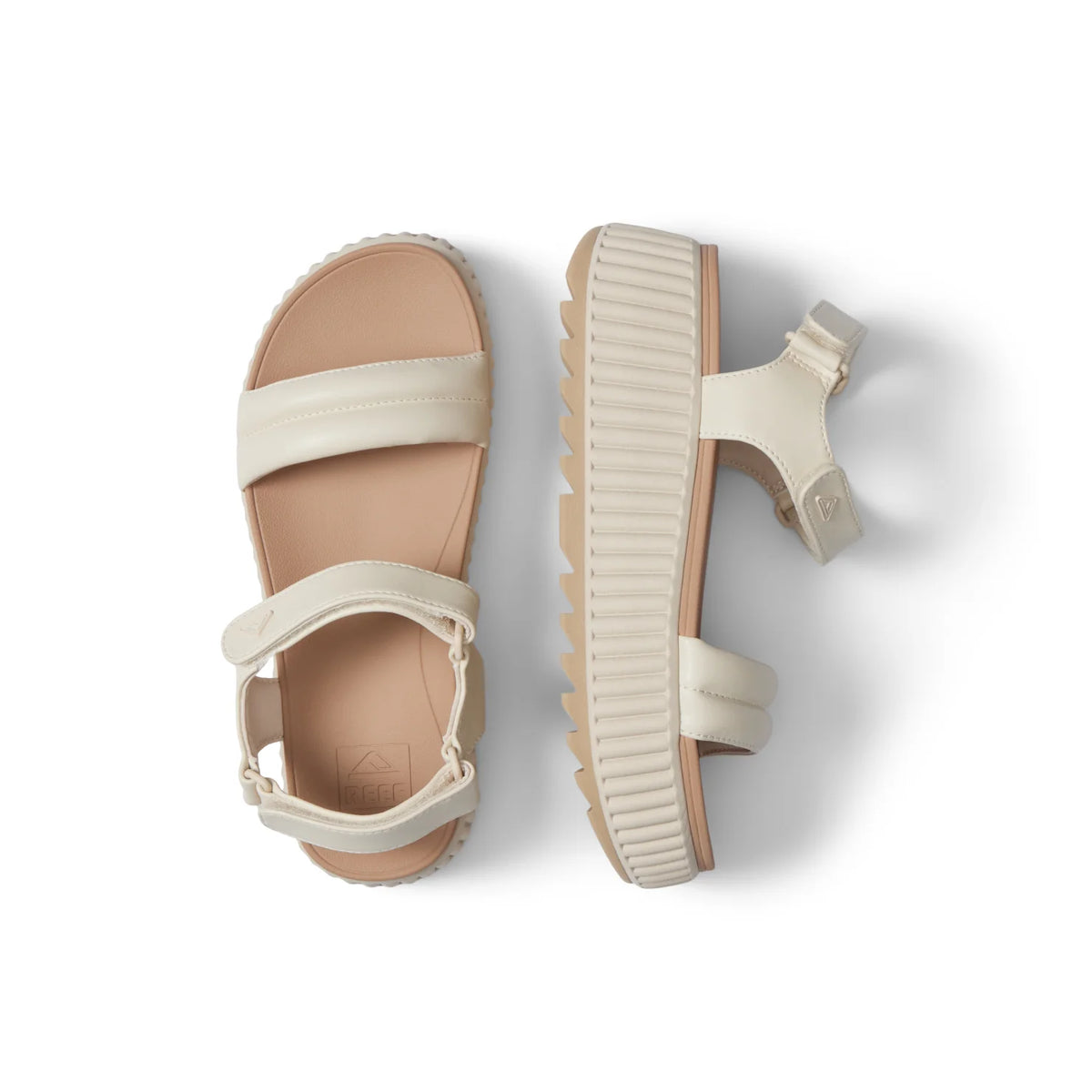 Vista Higher Raya women's sandals in white, side view right foot, top view left foot, with cushioned arch support and lightweight sole.