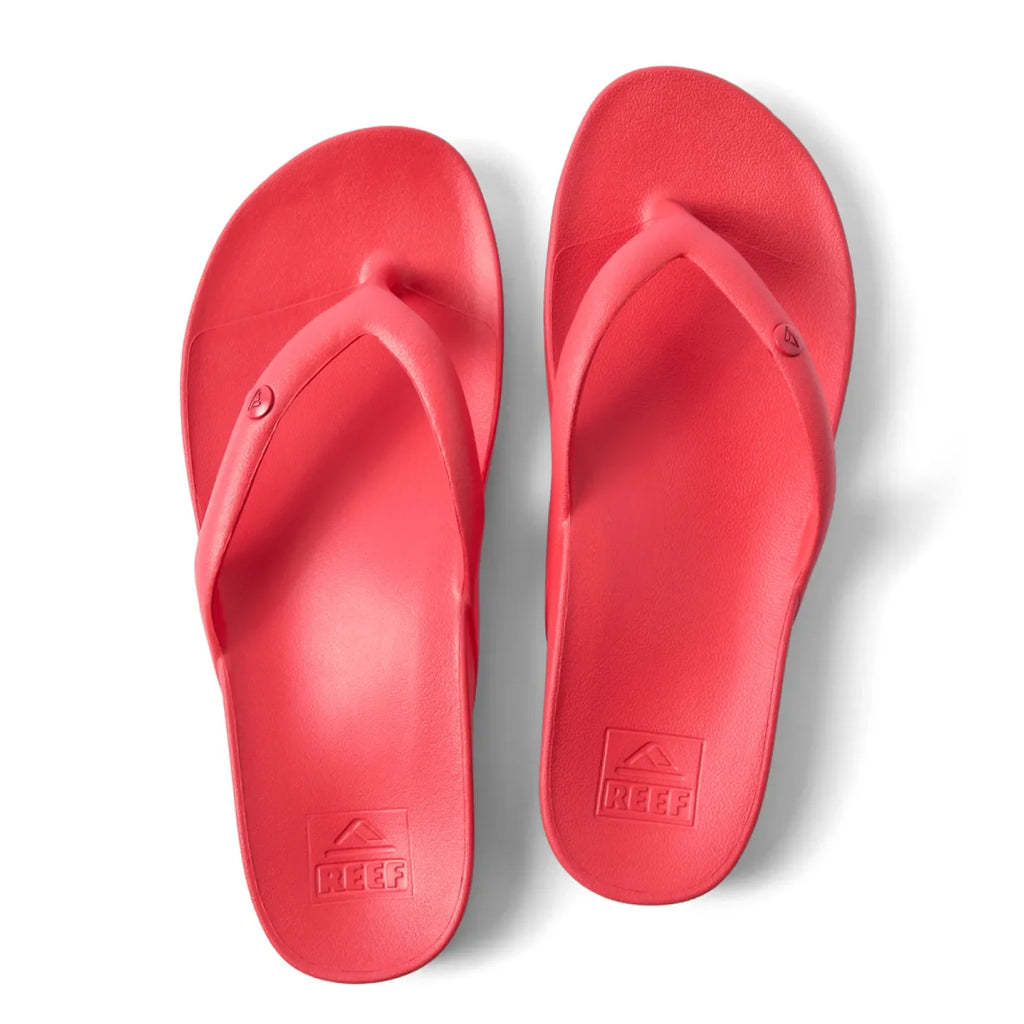 Vista Vay-Cay red women's flip flops flat lay showing top view with water-friendly material and soft cushioning for comfort.