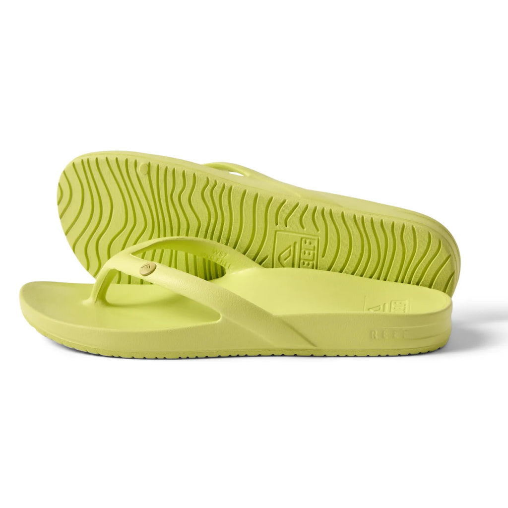 Vista Vay-Cay lime green women's flip flops side view showing water-friendly sole with soft-rebound cushioning and arch support