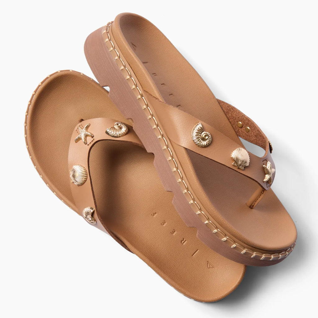 Vista Luxe Vivianahh tan sandals facing left with shell accents, ridged sole, and cushioned arch support for beach comfort.