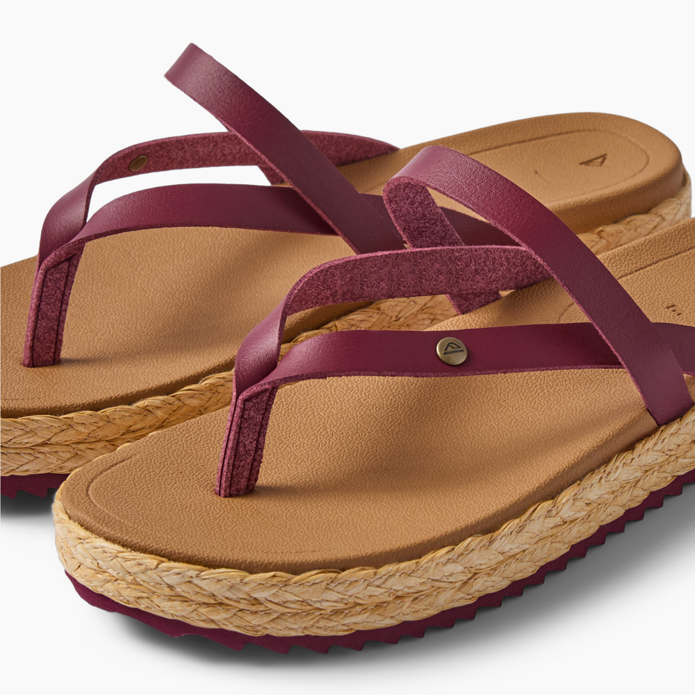Vista Carmen women's sandals facing right, close-up of upper straps and cushioned footbed in cordovan color with braided sole.