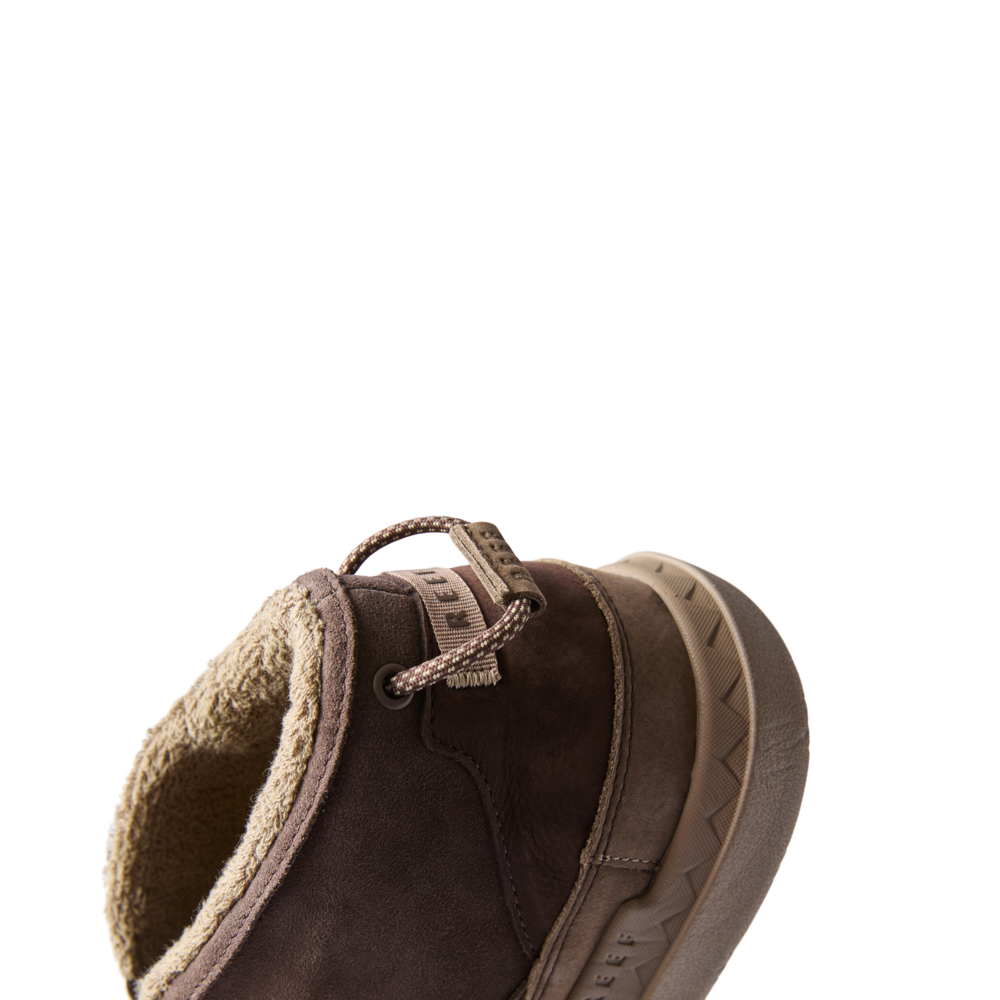 Rambler Hi men's brown boot facing left, close-up of heel with comfort cushioning and beach-inspired design.