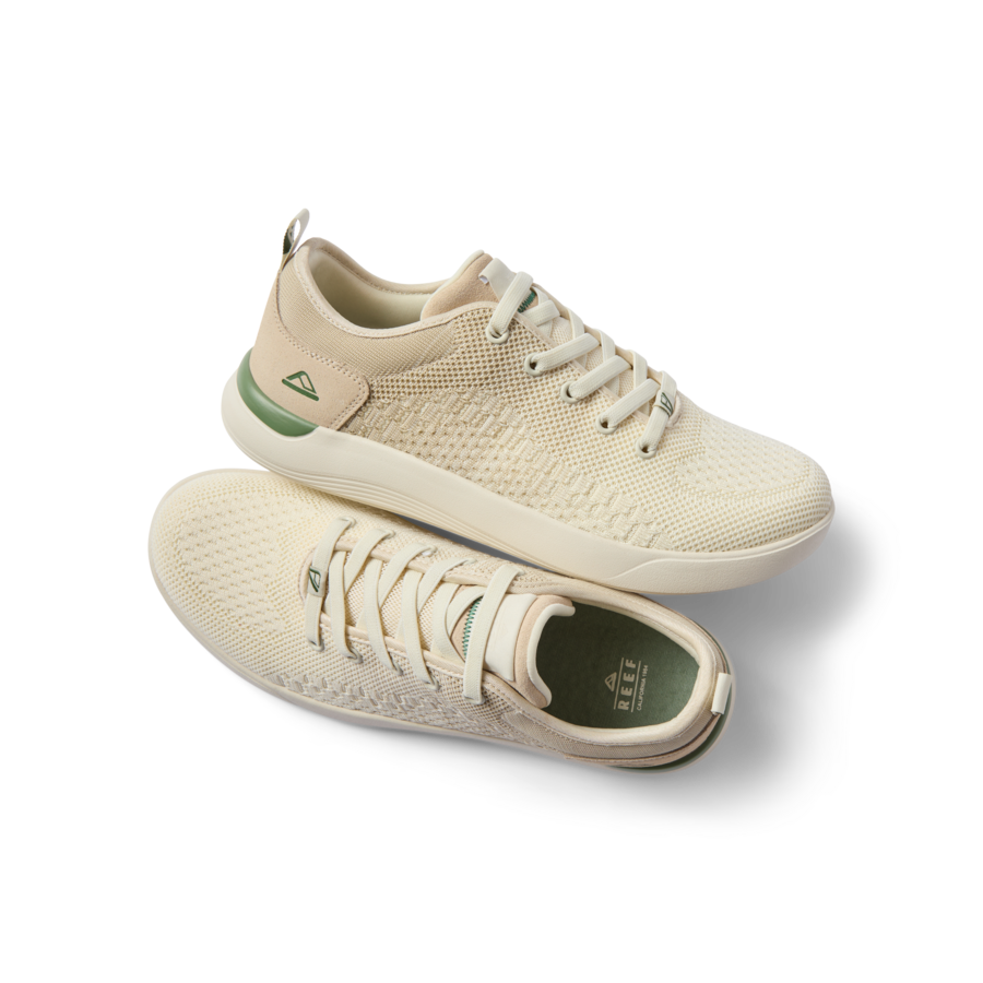 Neso men's off-white sneaker pair, right shoe side view, left shoe top view, breathable mesh, arch support, cushioned sole