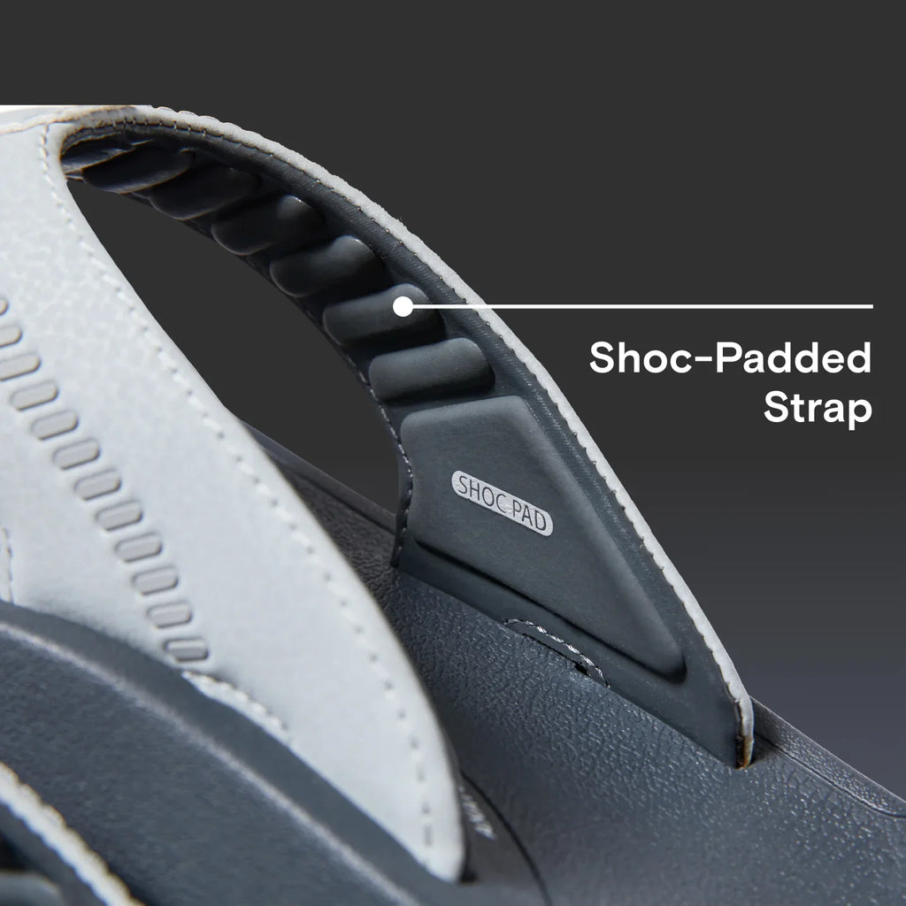 Close-up of the Cruiser sandal’s right strap facing left, highlighting the shock-padded feature for all-day comfort.