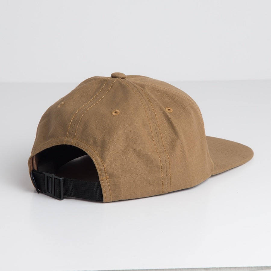 Stafford Ripstop Hat in brown viewed from the back with adjustable strap, beach-inspired durable and comfortable design.