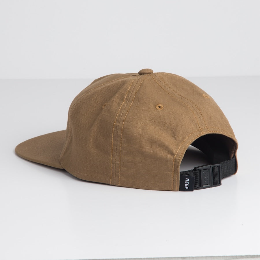 Stafford Ripstop Hat in brown with adjustable black strap shown from back, surf-inspired comfort and durable design.