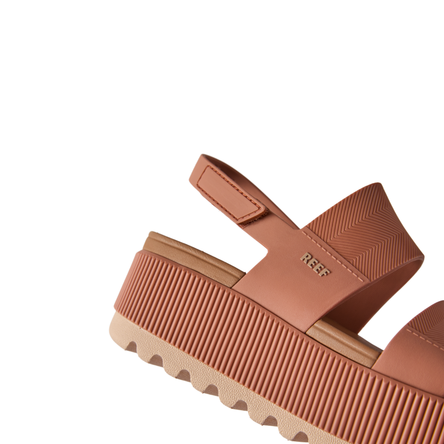 Close-up of the right side of Water Vista Higher sandal in amber, showing platform sole and adjustable heel strap