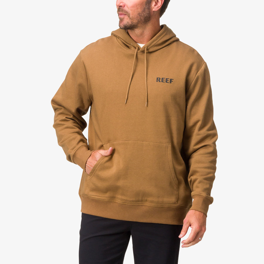 Men wearing brown Wellie Too Hoodie facing left with front pocket, surf-inspired comfort and durable fabric.