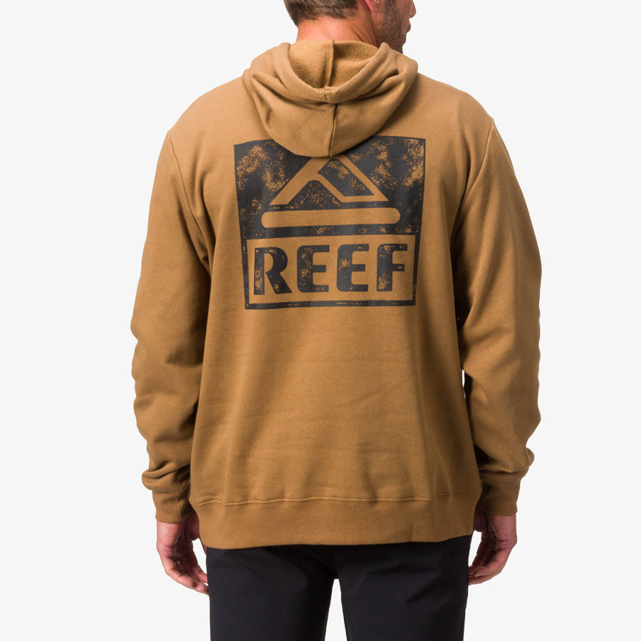 Back view of men’s Wellie Too Hoodie in brown with REEF logo, surf-inspired comfort apparel for beach lifestyle.